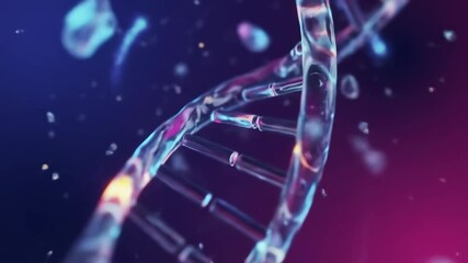 Rotating luminous DNA helix with glowing molecular particles in vibrant blue and magenta - Powered by Adobe