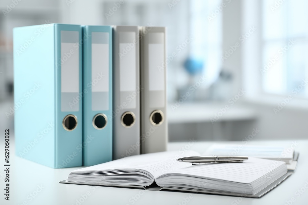 Poster pastel office binders with open notebook and pen, illustrating organization and productivity in a cl