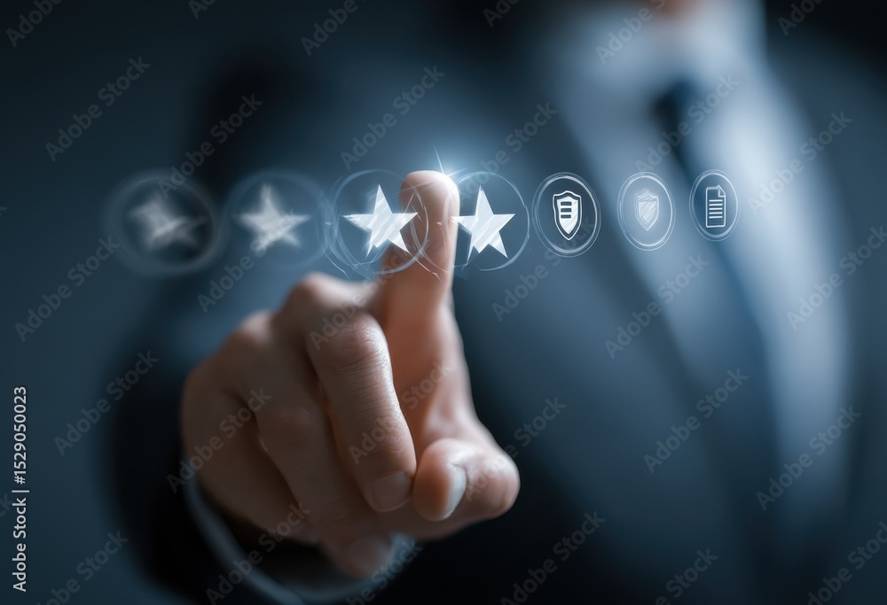 Poster hand touching star icons on screen, representing customer satisfaction and quality assurance in busi