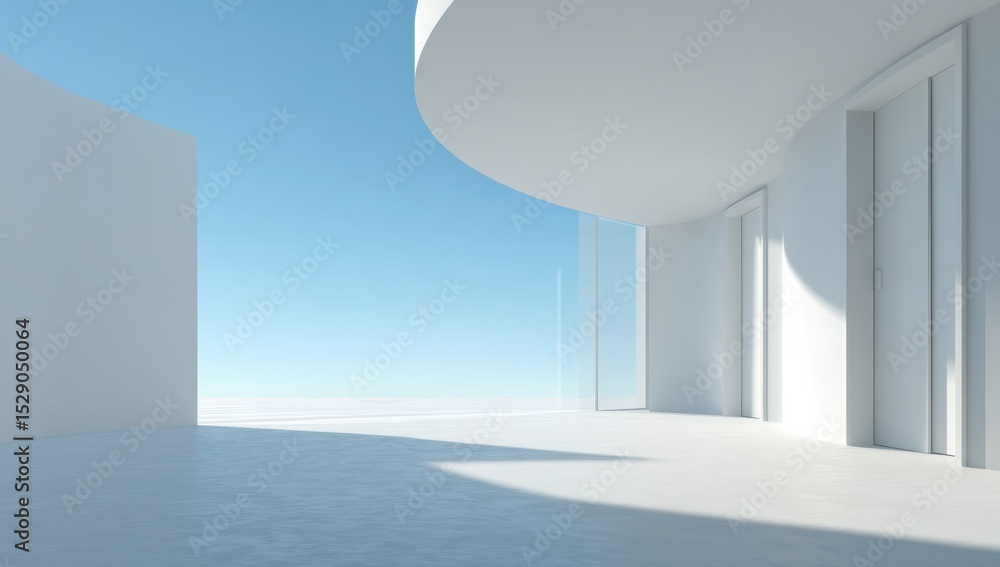Aufkleber Minimalist White Architecture With Curved Walls and Open Sky, Representing Modern Design and Future Innovation in Real Estate and Construction Projects : Generative AI