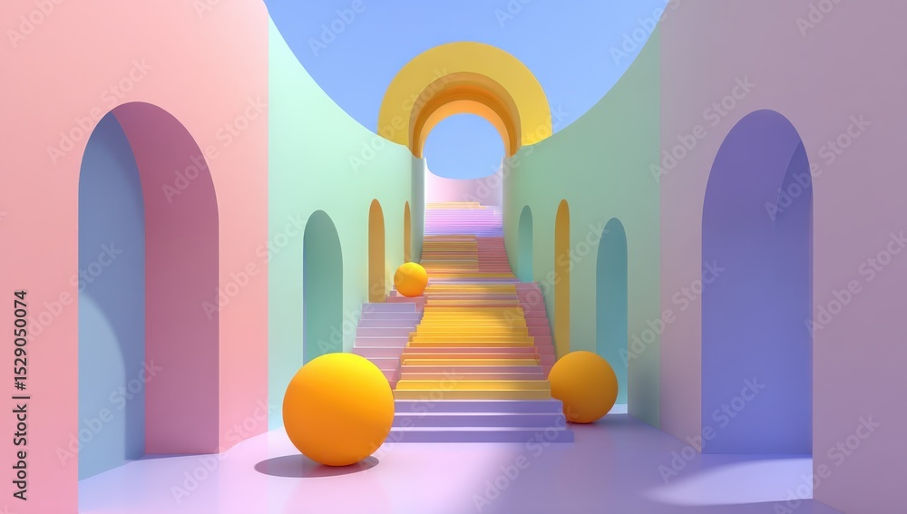 Poster pastel arches and stairway with yellow spheres, representing architectural harmony and creative visi