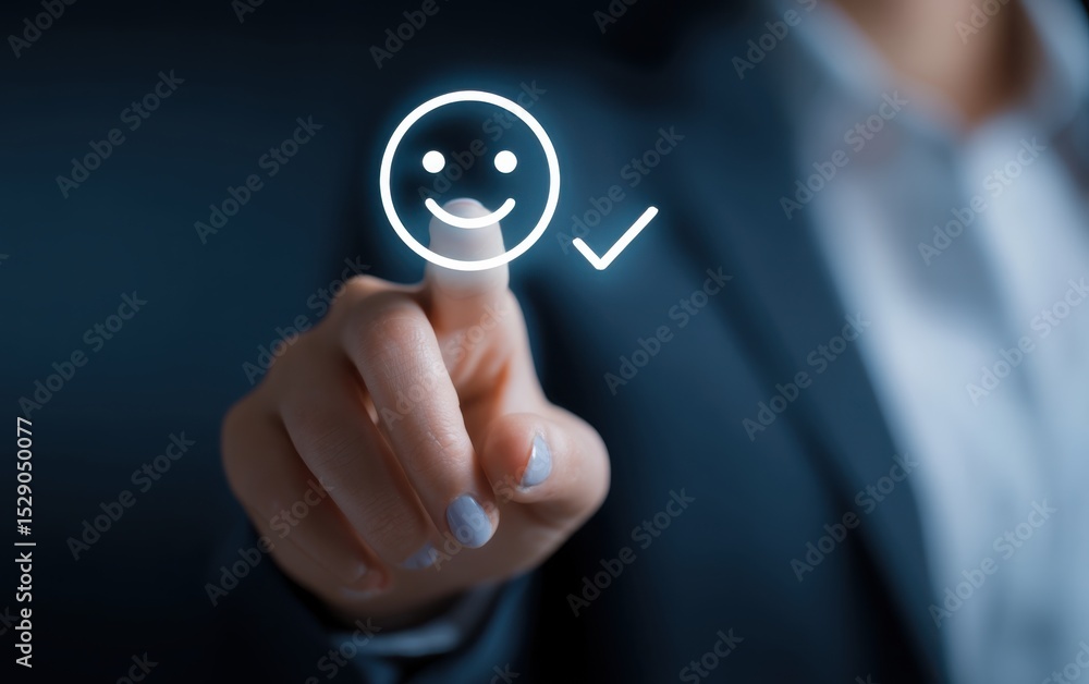 Poster woman's finger touching smiling face icon, signifying customer satisfaction and positive feedback on