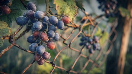A bunch of wild grapes climbing a fence in the countryside, morning dew visible, realistic fruit texture and soft background