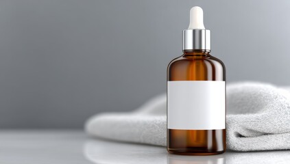 Amber Glass Dropper Bottle with Blank Label and Soft White Towel, Ideal for Beauty Product Mockups and Wellness Advertising Campaigns : Generative AI