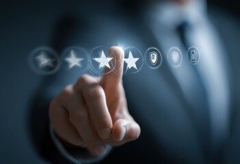 Hand Touching Star Icons on Screen, Representing Customer Satisfaction and Quality Assurance in Business Solutions : Generative AI
