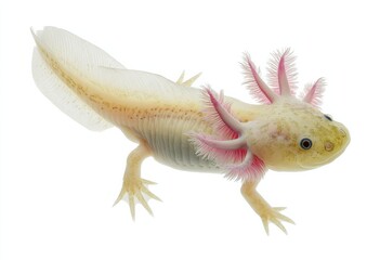 Fototapeta premium Albino Axolotl on White Background, Representing Endangered Species Awareness and Conservation Efforts : Generative AI