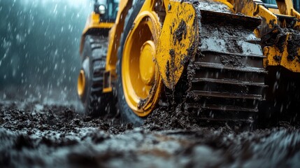 A powerful construction machine working in muddy conditions, showcasing its strength and functionality amidst pouring rain and splashes of water and dirt.