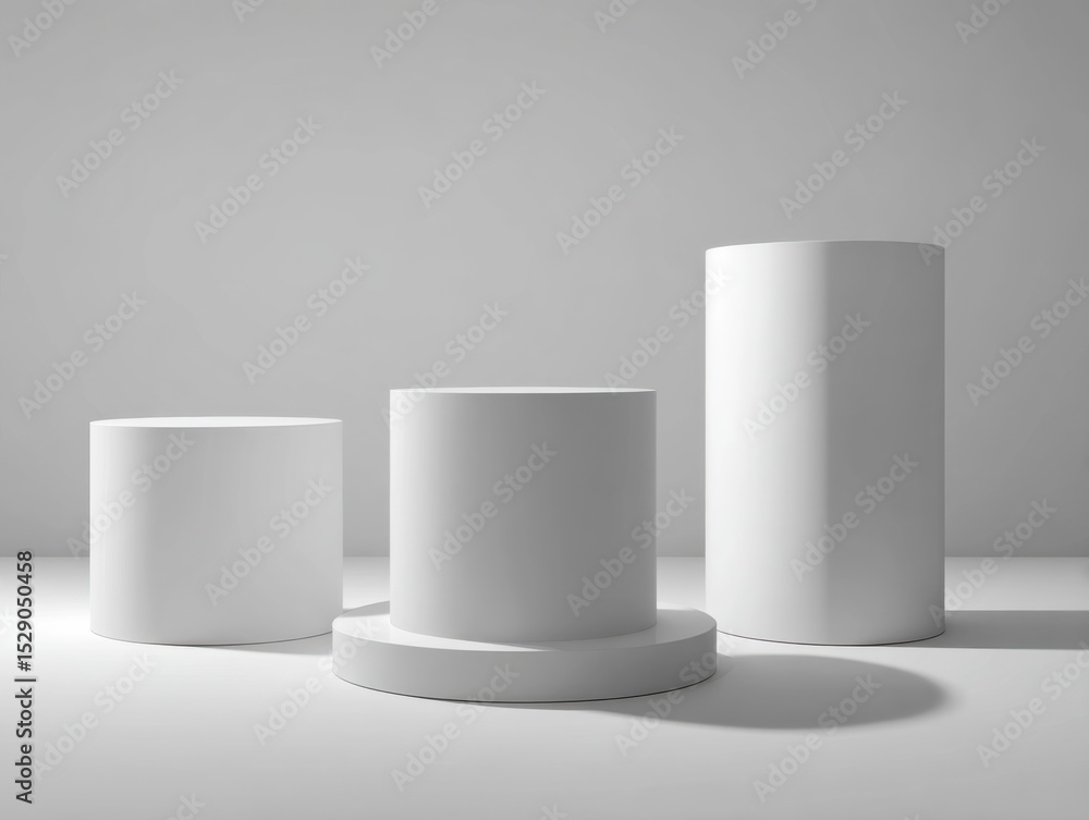Poster minimalist white cylinders on white surface, representing product placement and clean design for e-c