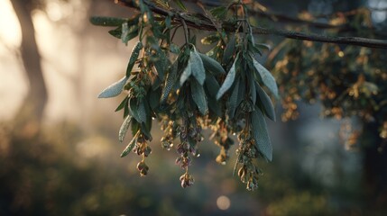 Close-up of a bundle of wild herbs hanging from a branch, dew-covered leaves in soft morning light, beautifully detailed and natural