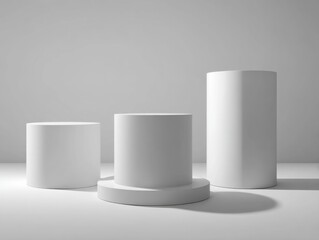 Minimalist White Cylinders on White Surface, Representing Product Placement and Clean Design for E-Commerce Marketing : Generative AI