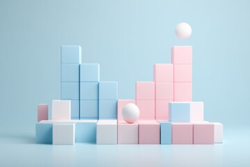 Naklejka premium Pastel Cubes Arranged Like Stairs With Spheres, Representing Growth and Career Advancement, On Light Blue Background : Generative AI