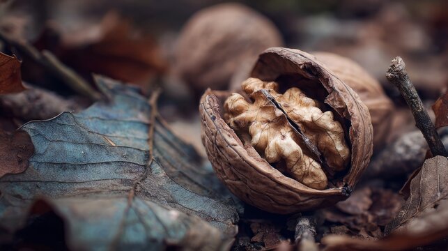 Close-up of a cracked walnut on a forest floor surrounded by fallen leaves and twigs, showing intricate shell texture and nut meat, natural tones and sharp detail
