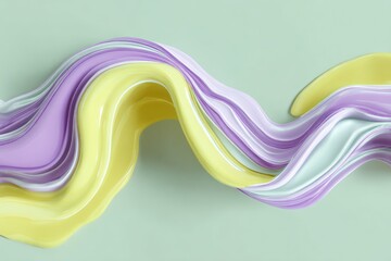 Liquid lines in pastel yellow and purple form smooth curves on a soft green background.