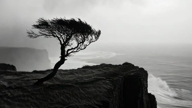 Stormy seascape with lone tree on cliff