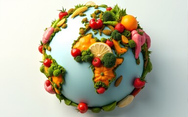 Globe made of fresh fruits, vegetables, and grains symbolizing healthy eating and global nutrition, perfect for World Food Day and sustainability themes. Generative AI. High quality