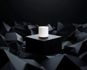 Black polygonal abstract platform with glowing white product in center spotlight