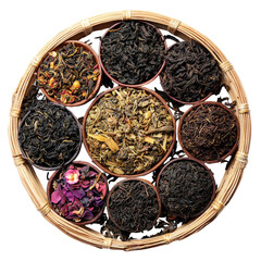 Fototapeta premium Beautiful assortment of various loose teas displayed round bamboo basket, showcasing vibrant colors and textures. arrangement includes black