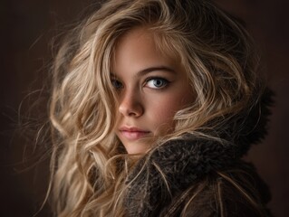 Naklejka premium Stunning portrait of a young blonde woman with captivating blue eyes. The image evokes a sense of mystery and elegance. Ideal for fashion, beauty, and advertising.