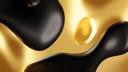 Abstract liquid shapes in golden and black hues with smooth edges form a dynamic, minimal backdrop.