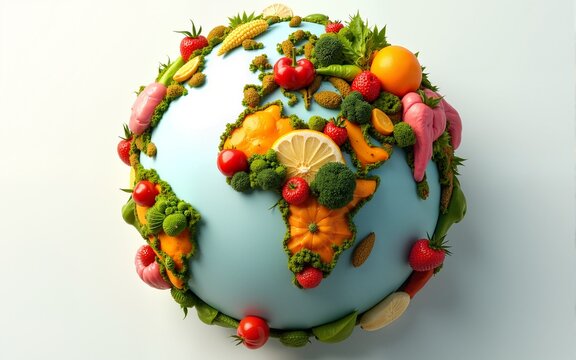 Globe made of fresh fruits, vegetables, and grains symbolizing healthy eating and global nutrition, perfect for World Food Day and sustainability themes. Generative AI. High quality