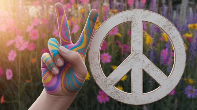 peace sign with hand with flowers