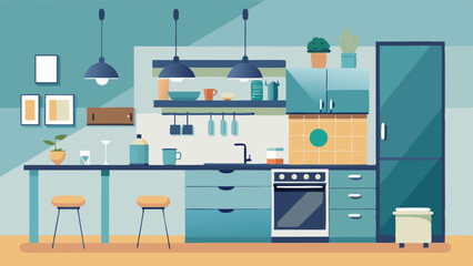  Modern Flat Style Kitchen Interior with Furniture and Appliances – Vector Illustration