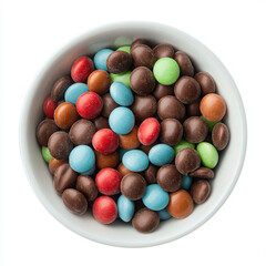 Colorful chocolate candies in white bowl sweet treats