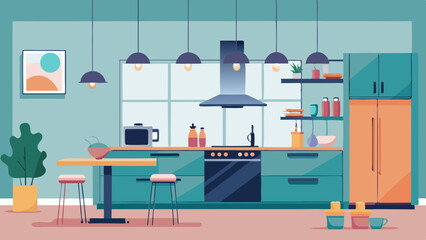  Modern Flat Style Kitchen Interior with Furniture and Appliances – Vector Illustration