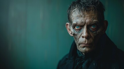 Obraz premium A captivating portrait of a figure with dramatic makeup and a haunting expression, evoking intrigue and fascination in an eerie atmosphere.