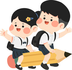 School Children Riding a Pencil cartoon