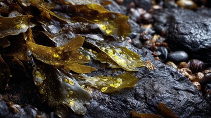 Close-up of seaweed and edible kelp washed up on a rocky beach, still wet and glistening, highly detailed natural textures