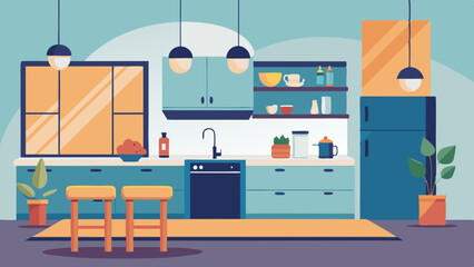  Modern Flat Style Kitchen Interior with Furniture and Appliances – Vector Illustration