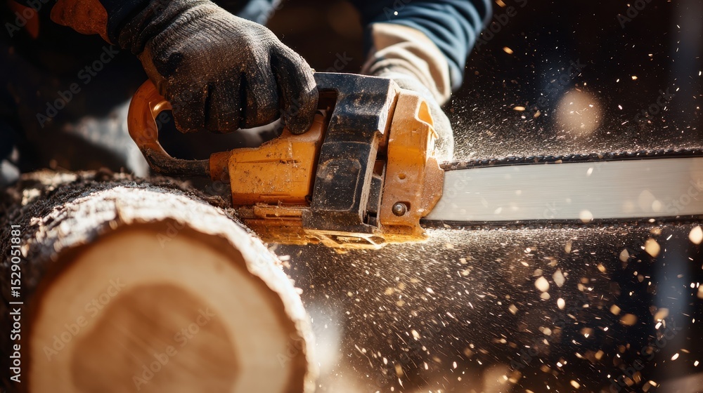 Poster a dynamic close-up of a chainsaw in action, cutting through a log, with flying sawdust capturing the