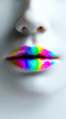 Fototapeta premium A single pair of glossy lips in soft gradient pride flag colors centered on a clean white background.