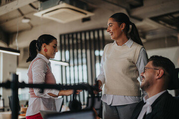A group of business people interacting in a modern office setting. Two women and a man smile as they engage in conversation, showcasing a positive work environment.