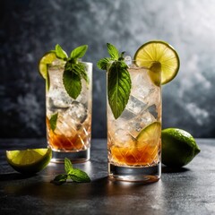 Fototapeta premium mojito cocktail with lime and mint in black background