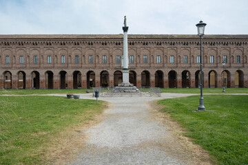 The Galleria degli Antichi or Corridor Grande and Minerva Statue Column in Sabbioneta in the...
