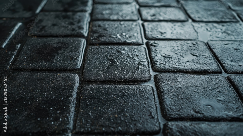 Aufkleber a close-up perspective of wet black cobblestones, capturing intricate textures and reflections of wa