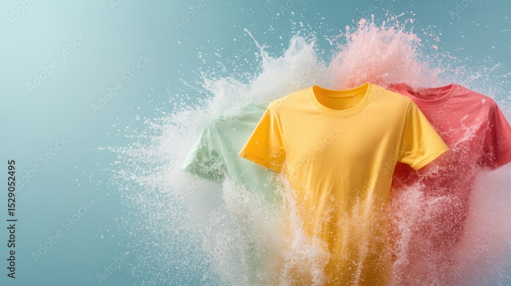 Aufkleber this vibrant image captures colorful t-shirts splashing through water, creating a dynamic visual tha