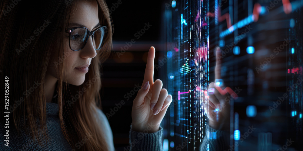 Poster young woman with glasses interacts with futuristic digital interface, analyzing data visualization i