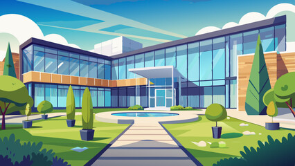 Fototapeta premium Modern Glass Office Building with Landscape – Stock Illustration