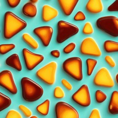 Rounded liquid triangles and diamonds in orange and yellow blend softly on a pastel turquoise backdrop.