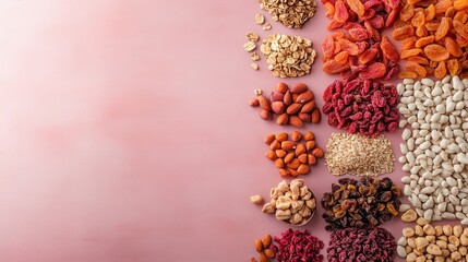 A beautifully arranged assortment of dried fruits and nuts on a pink background creates an appealing visual display, attracting attention for healthy snacking options and dietary choices.