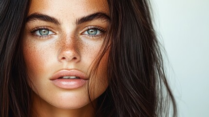 Fototapeta premium A stunning close-up portrait of a young woman beautifully showcases her striking features, captivating gaze, and flawless skin, highlighting her natural beauty and confidence.