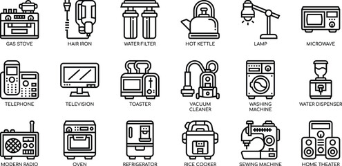 Collection of Household Appliances and Electronics 18 Line Icons of Home Devices, Gadgets, and Equipment for Digital Design Projects