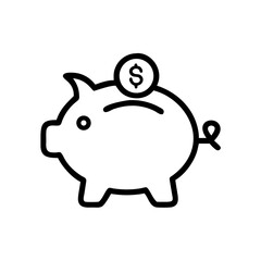 Minimalist black outline vector icon of a piggy bank with a coin on top, symbolizing business, banking, and investments in a clean and simple design