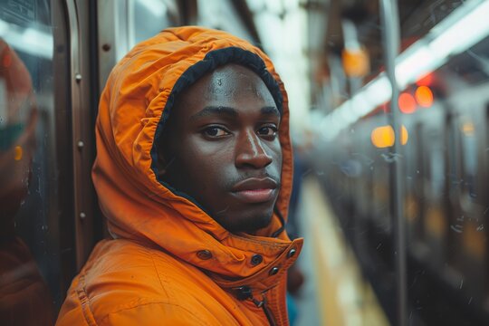 A thoughtful young man wearing an orange jacket gazes into the distance while leaning against a subway wall, capturing the essence of urban life and introspection.