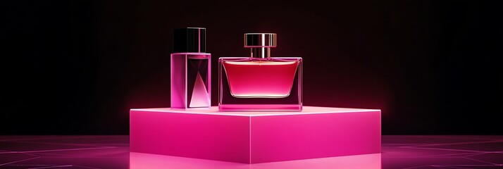 Bold neon pink polygon pedestal showcasing luxury perfume in high contrast lighting
