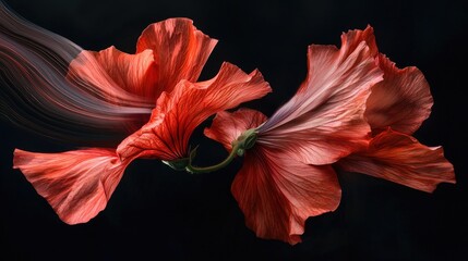 a long exposure photo capturing a single, exquisite velvet texture vibrant bright deep red hollyhock flowers, soft pedals edges. The petals bloom softly