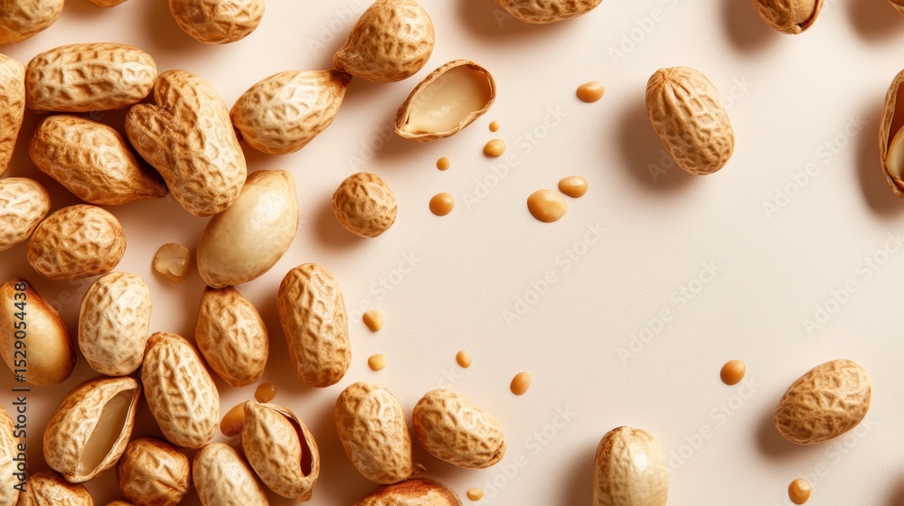 Aufkleber an artistic arrangement of raw and peeled peanuts scattered on a neutral background, highlighting th